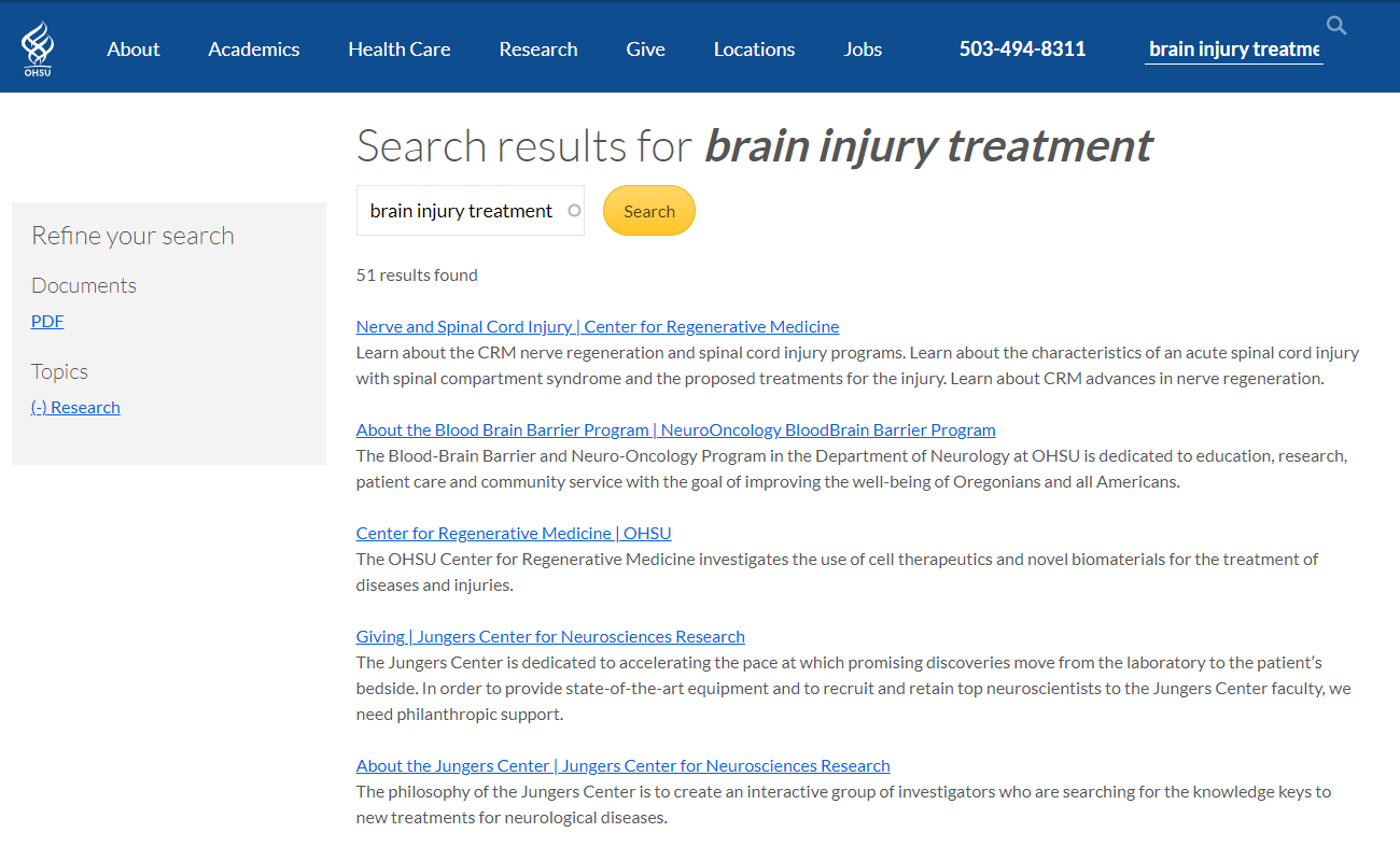 A search results page for brain injury treatment with the research topic selected to refine results down to about 50 or so total results